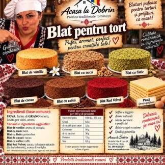 Șase blaturi pentru tort în variante de vanilie, nucă, fistic, cacao, cafea și red velvet, plus foi de pastă pentru prăjituri