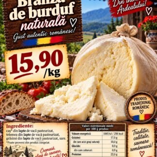 Brânză de burduf naturală în burduf, tăiată felii pe tocător de lemn, cu pâine de casă și roșii
