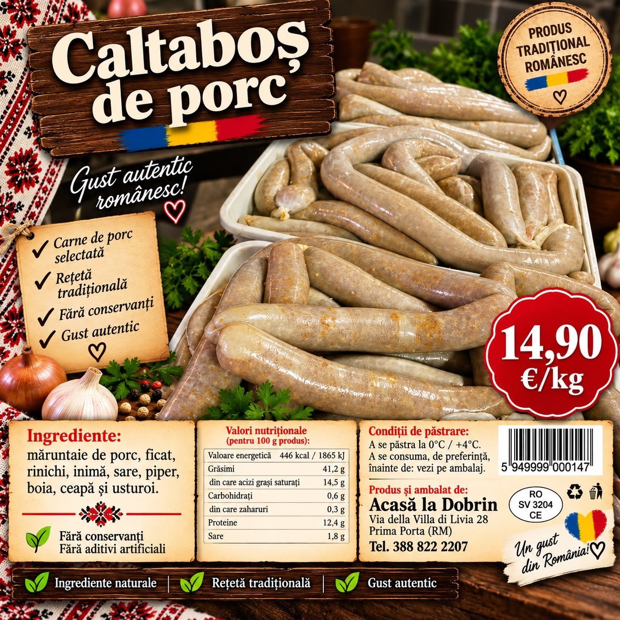 Caltaboș de porc proaspăt în tăvi, produs tradițional românesc cu ceapă, usturoi și pătrunjel