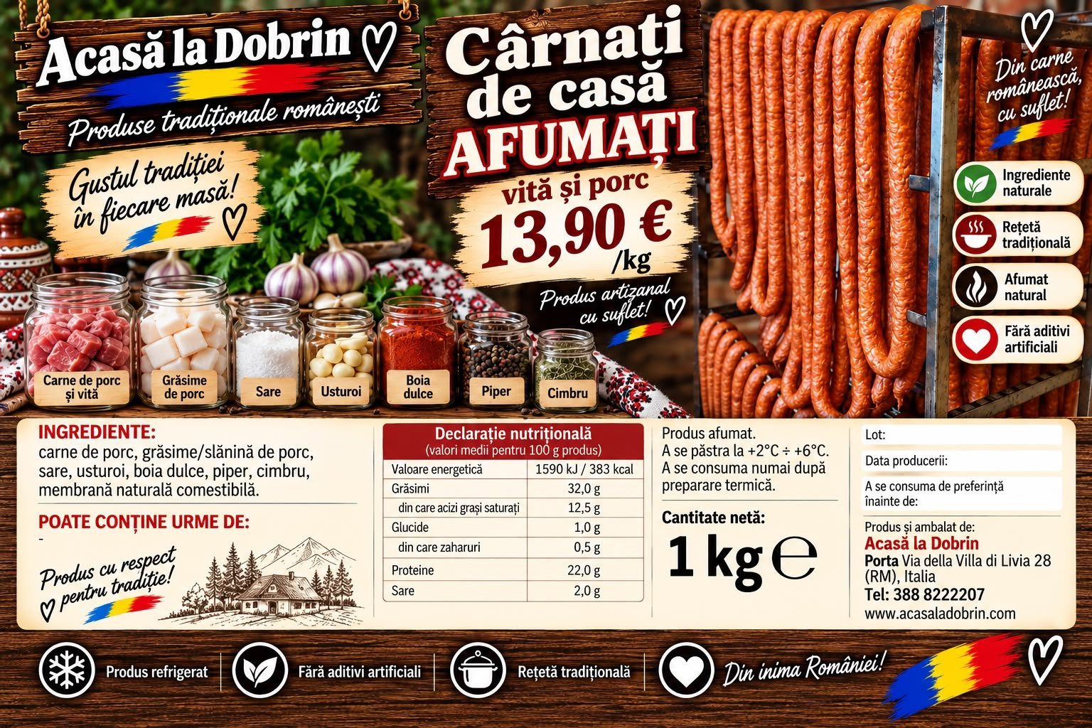 Cârnați de casă afumați, atârnați pe rastel, cu borcanele de ingrediente alături