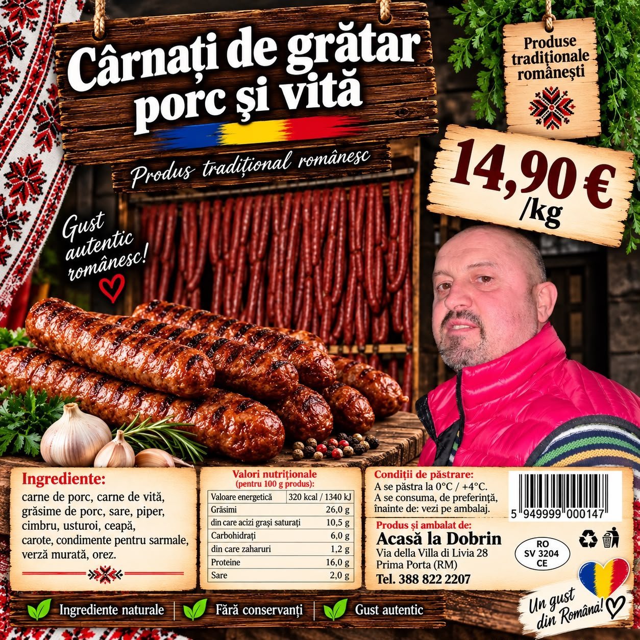 Cârnați de grătar din porc și vită, rumeniți pe grătar, cu usturoi și rozmarin pe masă de lemn