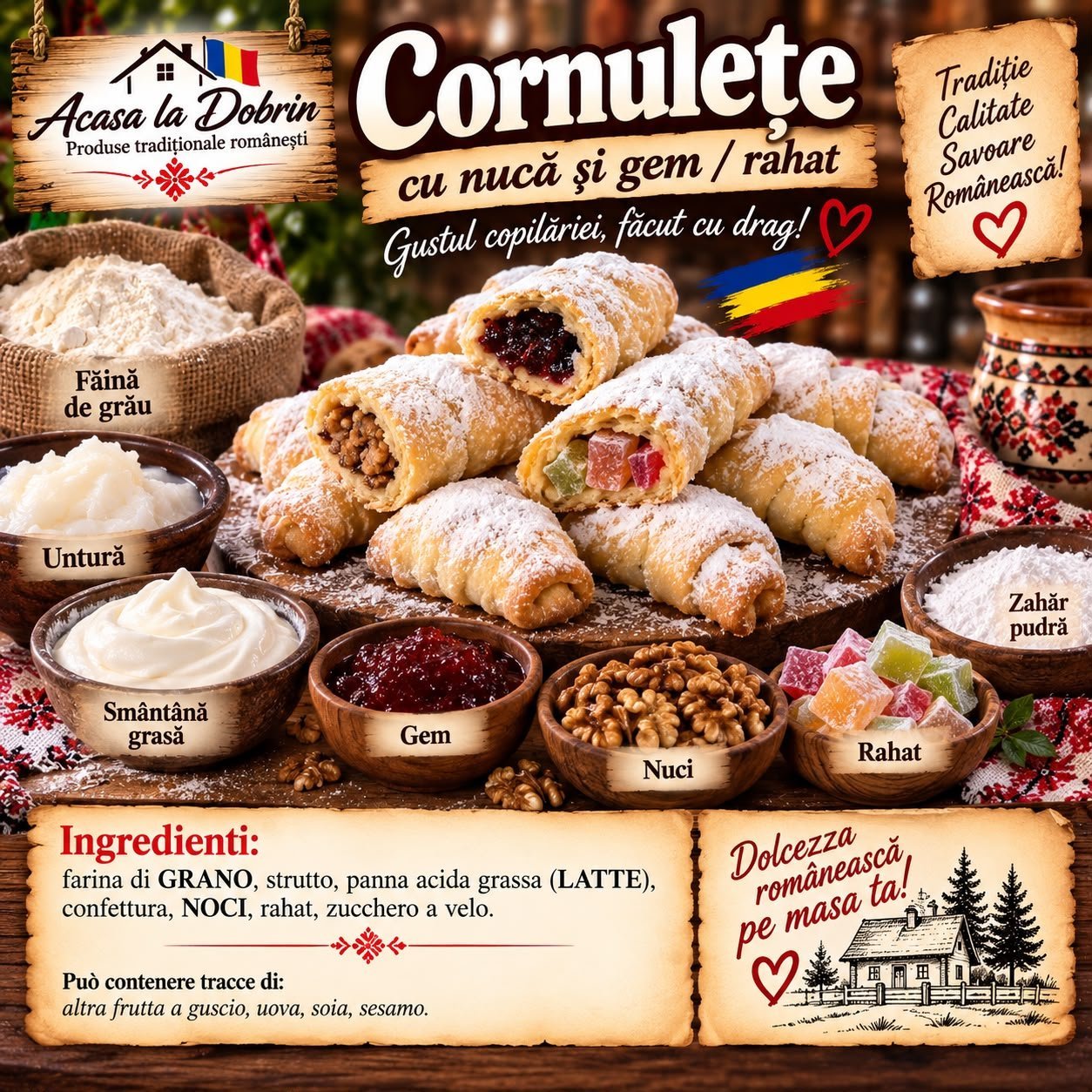 Cornulețe de casă cu nucă, gem și rahat, pudrate cu zahăr, alături de ingredientele folosite