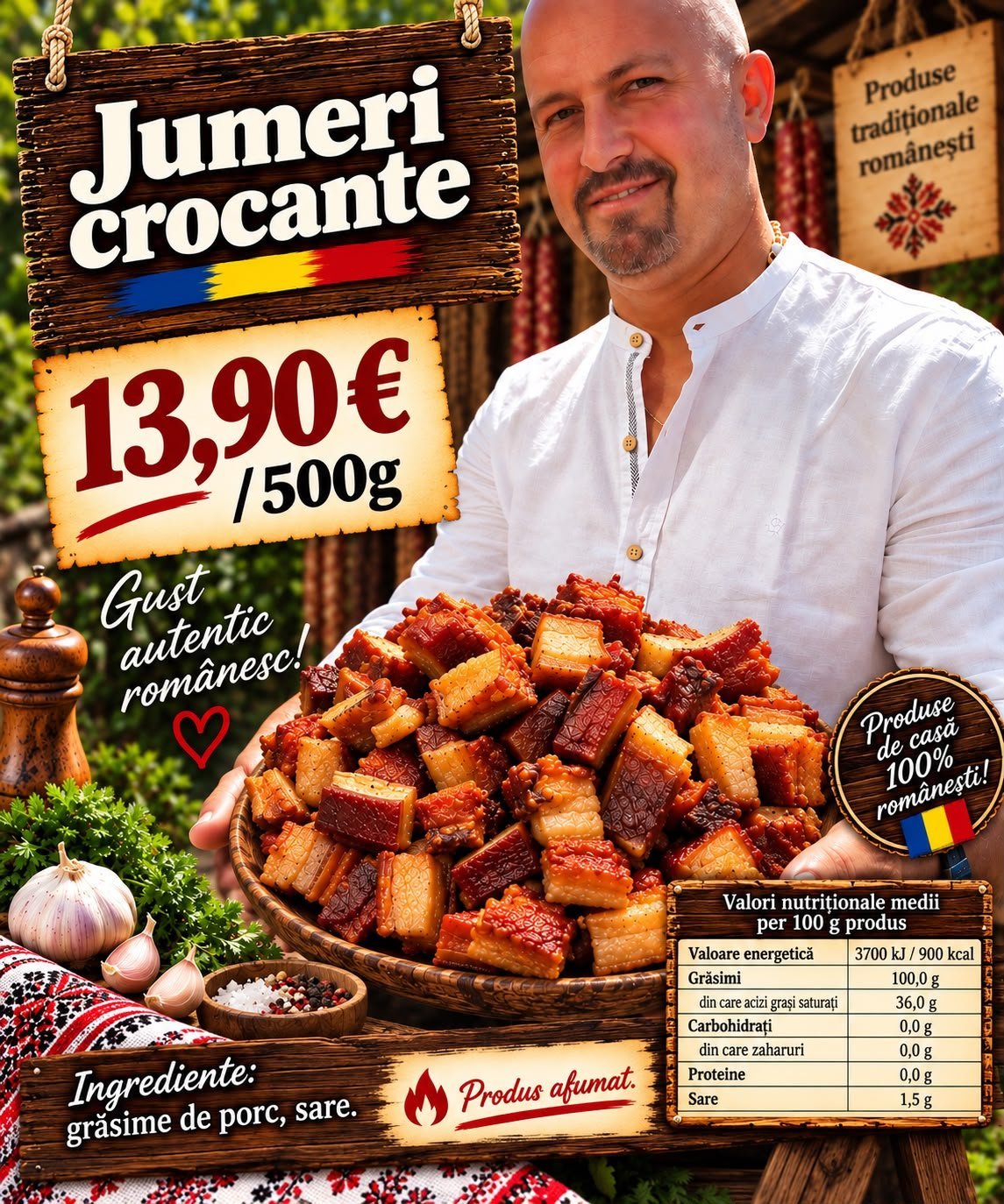 Jumări crocante afumate într-un coș de lemn, cu usturoi, piper și sare pe masă tradițională