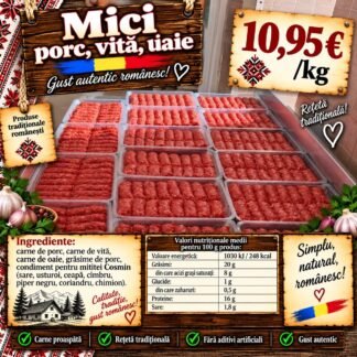 Mici din carne de porc, vită și oaie, așezați în caserole, pregătiți după rețetă tradițională