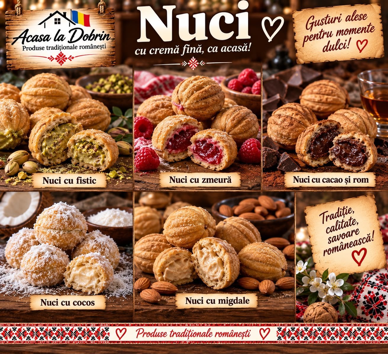 Nuci de casă umplute cu cremă în cinci variante: fistic, zmeură, cacao cu rom, cocos și migdale