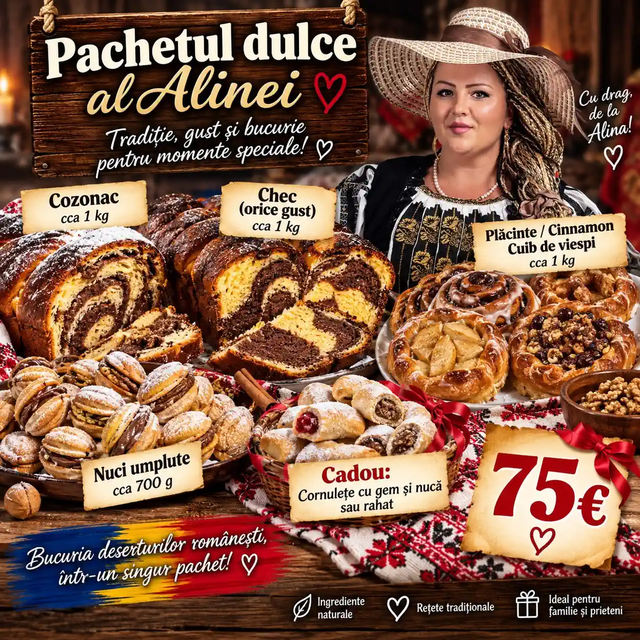 Pachetul dulce al Alinei – Deserturi Tradiționale Românești (cca. 3.7 kg) + Cornulețe CADOU