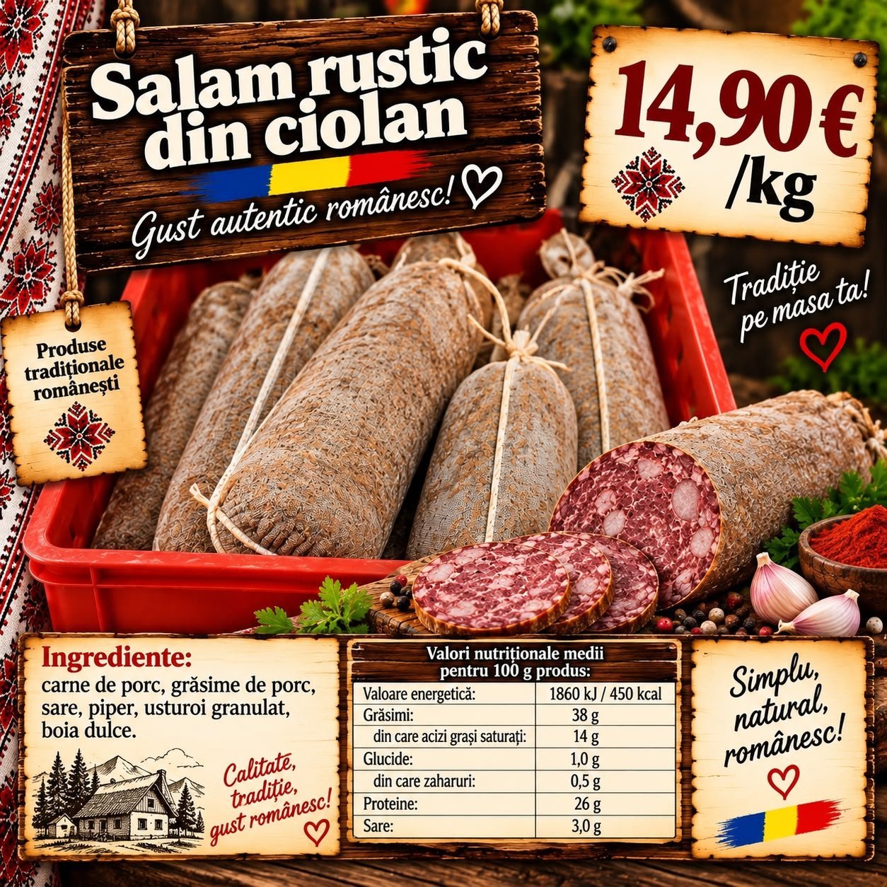 Salam rustic din ciolan în ladă roșie, cu un baton feliat care arată compoziția cu bucăți de carne