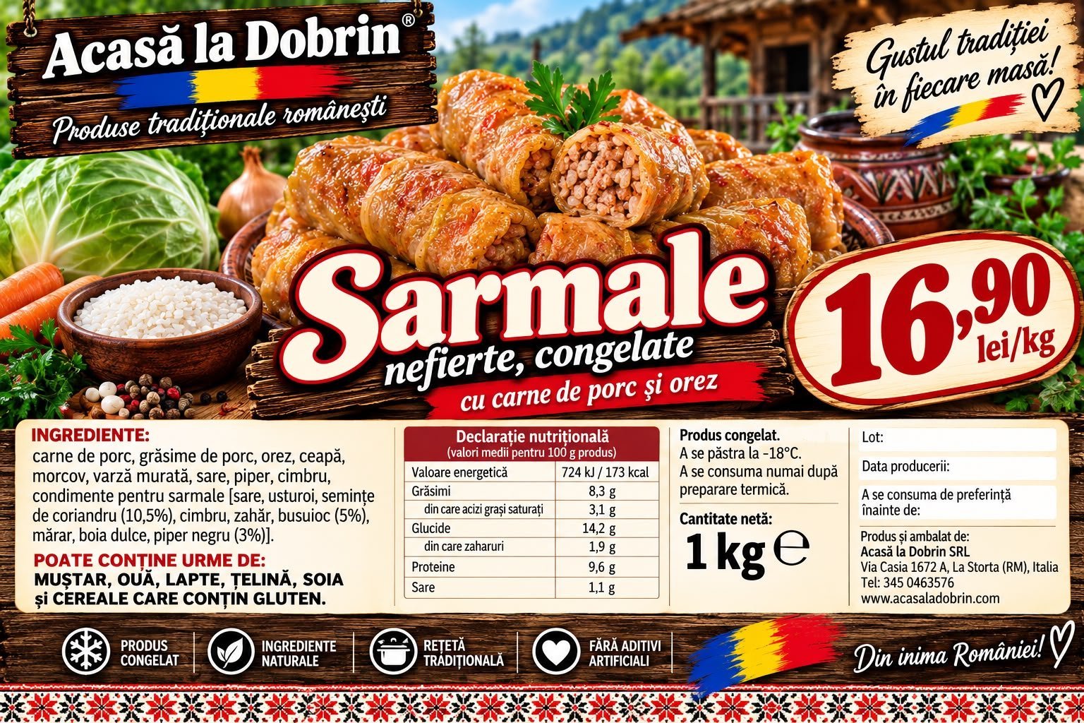 Sarmale nefierte congelate cu carne de porc și orez, în ambalaj de 1 kg, lângă varză, morcovi și orez