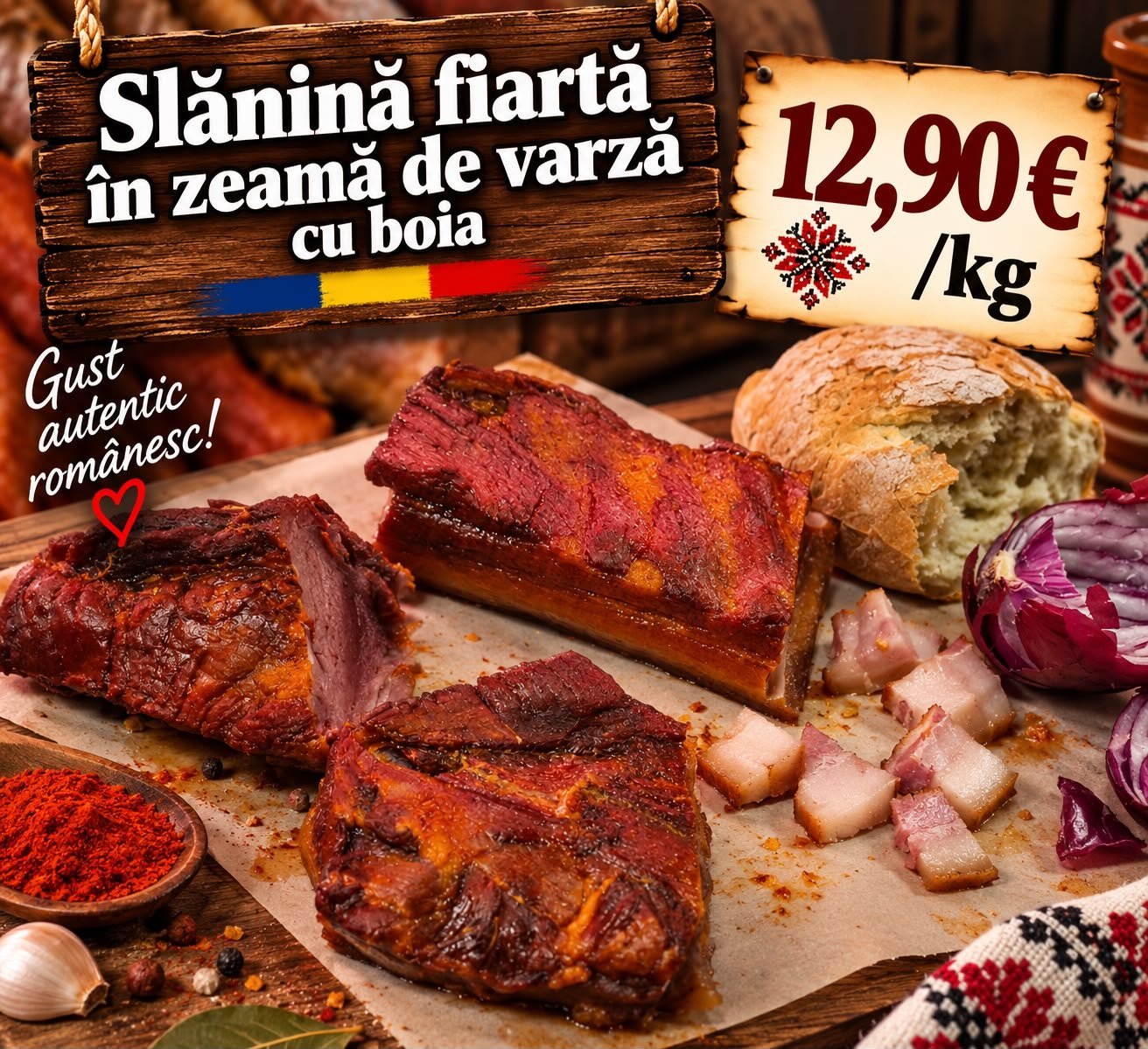 Slănină fiartă în zeamă de varză cu boia, feliată pe hârtie, cu pâine de casă și ceapă roșie