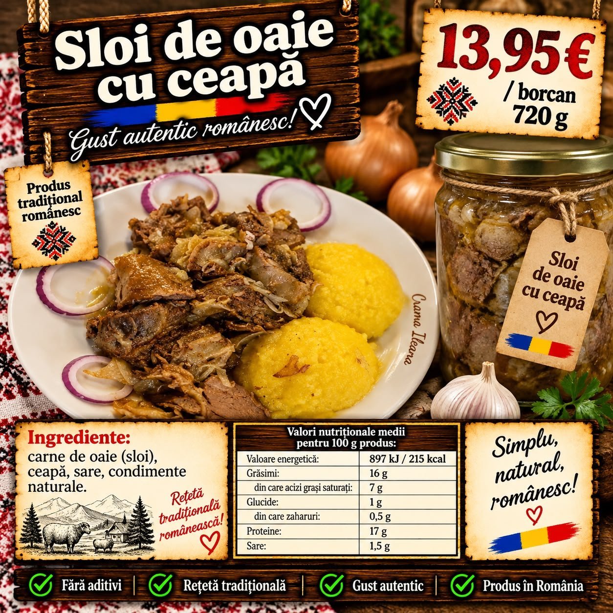 Sloi de oaie cu ceapă servit cu mămăligă și ceapă roșie, alături de borcanul de 720 g