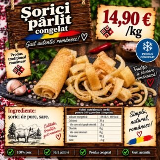 Șorici pârlit congelat, rulat și tăiat fâșii, așezat pe lespede de piatră cu usturoi și ardei iute