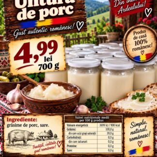 Untură de porc de casă în borcane, cu bol de lut, pâine unsă, usturoi și castraveți murați