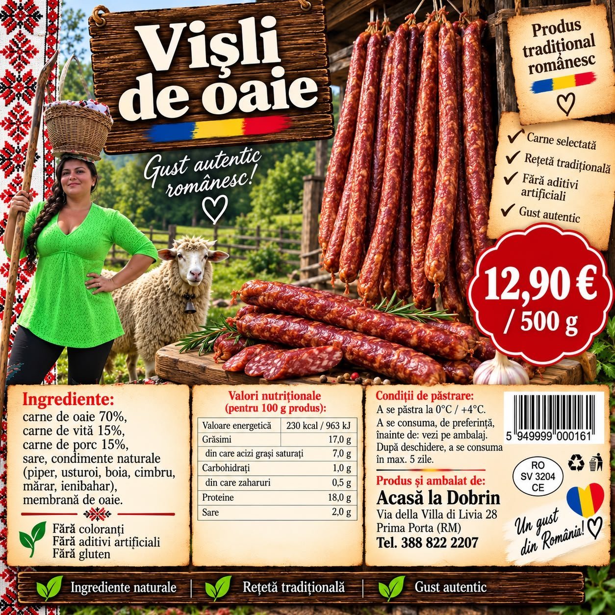 Vișli de oaie afumați, atârnați la uscat și așezați pe masă de lemn, cu o oaie în fundal